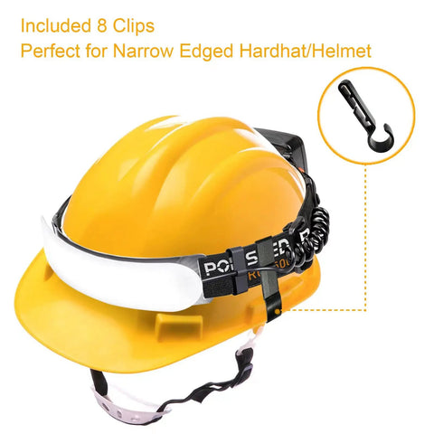 Beast Mode Rechargeable LED Headlamp 1500 Lumens With 230 Degree Wide Beam on yellow hard hat with 8 included clips.