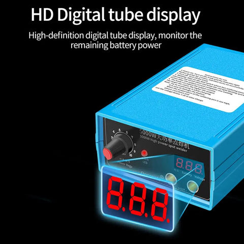 Beast 5000W Battery Spot Welder With 10 Level Power Adjustment, blue unit with digital display showing battery power.