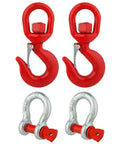 1 Ton Swivel Lifting Hook And Three Eighths Inch D Ring Anchor Shackles Set For Lifting And Towing Heavy Duty Grade 80 Alloy Steel Rigging Gear With 2 Swivel Hooks And 2 D Shackles Ideal For Construction And DIY Projects, red hook set