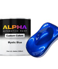 Professional Grade Automotive Basecoat Paint Midcoat Formula Gallon Size in Mystic Blue next to color sample.