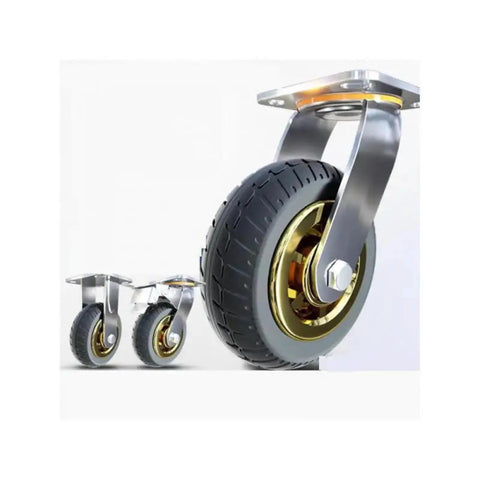 Smooth As Butter Eight Inch Heavy Duty Stem Mounted Casters with gold accents, featuring rubber wheels for easy mobility.