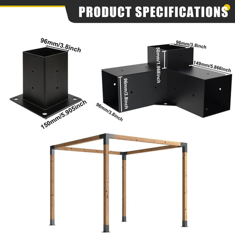 4x4 Woodworks Pergola Brackets Kit, 3-Way Corner Extension, Black Powder Coated Steel, for 3.5x3.5 inch Wood Beams