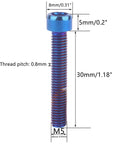 Slick Titanium Finish Stainless Steel Allen Hex Socket Head Screws M5 From M5x12 Up To M5x35mm Burnt Blue Bolt Set close-up showing dimensions and thread pitch.