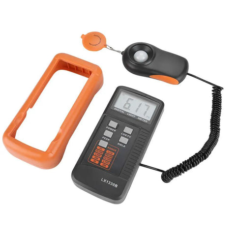 Grab-And-Go Digital Lux Meter With LCD Display, 0-200,000 Lux Range, Auto Range, Data Hold And Peak Hold, Low Power, Quick Response Illuminometer For Light Testing In Workshops, Labs, And On The Go, handheld with sensor and cover