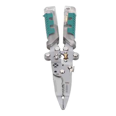 Aramox 10-In-1 Folding Wire Stripper Pliers Made Of Crv Steel For Awg 4 To 20 With Voltage Tester And Crimping Tool displayed open