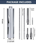 Diamond dry-core drill bit set, 2-1/2 in diameter, 10 in depth; includes 3 adapters: SDS Plus, SDS Max and hex