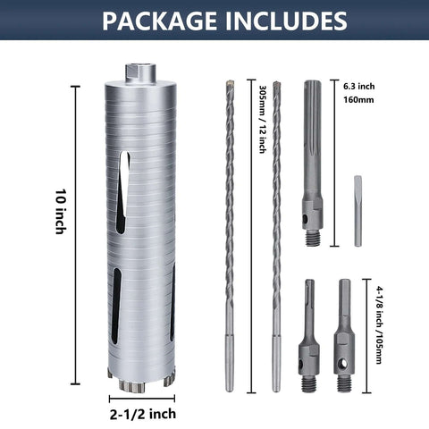 Diamond dry-core drill bit set, 2-1/2 in diameter, 10 in depth; includes 3 adapters: SDS Plus, SDS Max and hex