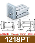 Mechanical Arm Gripper Cylinder With Magnetic Parallel Clamping Clip, model 1218PT, shown with dimensions and specs.