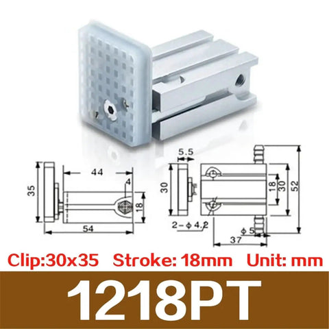 Mechanical Arm Gripper Cylinder With Magnetic Parallel Clamping Clip, model 1218PT, shown with dimensions and specs.