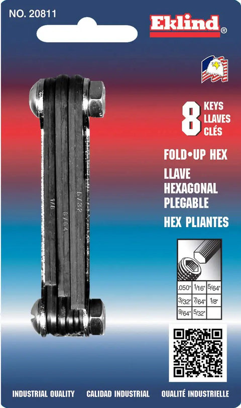 Made In USA Fold Up Hex Key Set Eight Piece With Steel Handle SAE Inch Sizes.050 To 5/32 Pocket Allen Wrenches Packaging