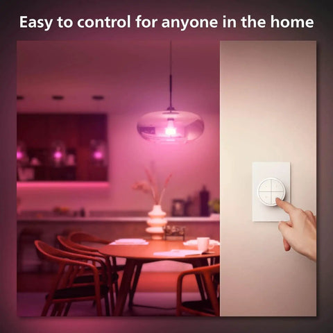 Wall Tap Dial Dimmer Switch For Smart Lights White 1 Pack Easy Wireless Setup No Wiring Required Requires Bridge Works With Hue Compatible Lights Portable Dimmer Control With Battery Included mounted on wall in dining room setting