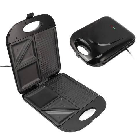 Multifunctional Electric Breakfast Maker With Nonstick Panini Press Surface features double sided grilling surfaces.