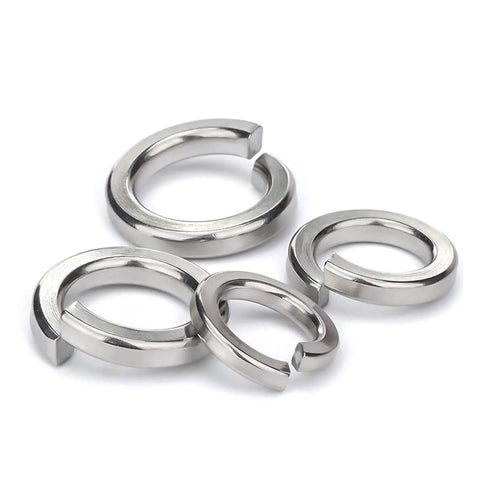Stainless steel split lock washers, 1/2 in x 0.869 in OD; five shown.