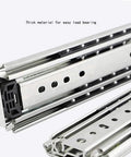 Heavy Duty Ball Bearing Drawer Slides Full Extension Three Section Track Five Hundred Lb Capacity showing thick material and smooth sliding mechanism.