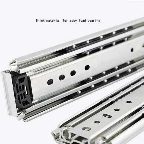 Heavy Duty Ball Bearing Drawer Slides Full Extension Three Section Track Five Hundred Lb Capacity showing thick material and smooth sliding mechanism.