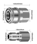 Two stainless 3/8 in NPT quick-connect pressure washer adapters, male and female, knurled collars.