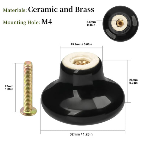 40 Pack Black Ceramic Cabinet Knobs Set With Glossy Mushroom Style Finish, brass mounting hole M4 and ceramic material details.