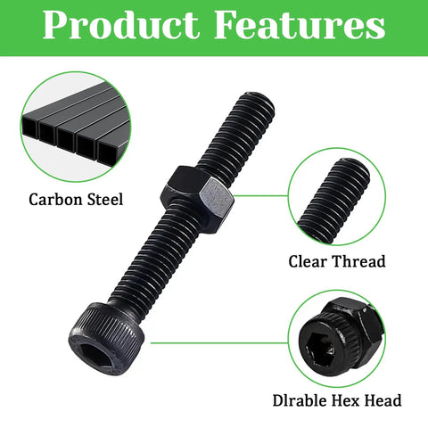 Close-up of 100-Piece M3 X 45mm Hex Socket Head Cap Screws Bolts In Carbon Steel With Black Oxide Finish showing thread and hex head.