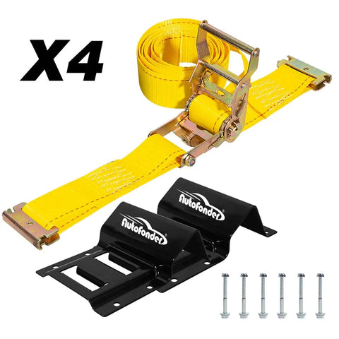 Beefed Up Heavy Duty Wheel Chock Tie Down Kit With 4500 Lb Break Strength, 4-pack straps, chocks, bolts visible