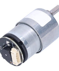 Close-up of compact 12V DC Gear Motor with encoder, metal casing, designed for forward and reverse motion, 20 RPM, high torque.