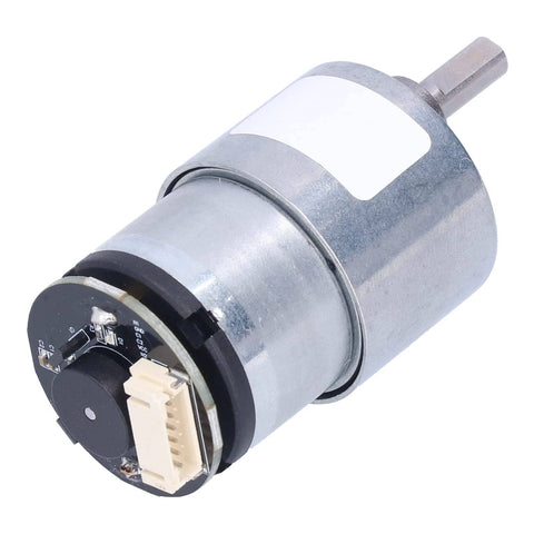 Close-up of compact 12V DC Gear Motor with encoder, metal casing, designed for forward and reverse motion, 20 RPM, high torque.