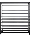 Top Shelf Adjustable Rolling Fabric Display Rack With Wheels And Multiple Rod Storage Heavy Duty Mobile Clothing And Vinyl Film Holders For Garage Workbench Setup Maximize Your Space Straight Up, front view with black steel frame.