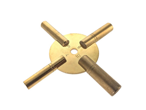 Universal 4 Prong Brass Clock Winding Key Set For Winding Vintage And Modern Clocks, shown with four brass prongs.