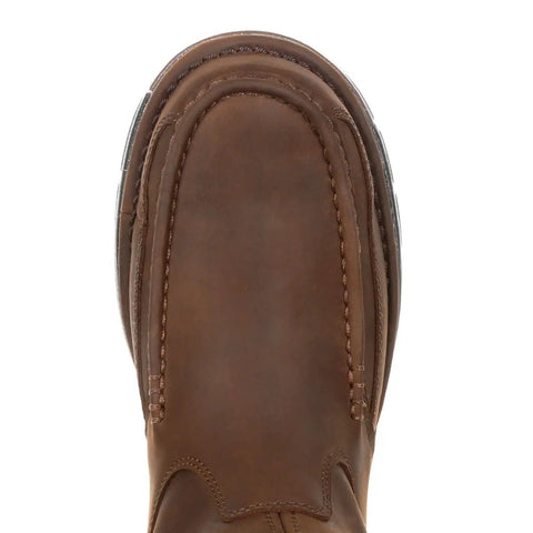 Men's Brown Moc Toe Work Boots Pull On Style With Back Zipper Electrical Hazard Rated Flexible Unlined Sole Lightweight Ride Built Tough For Long Hard Shifts
