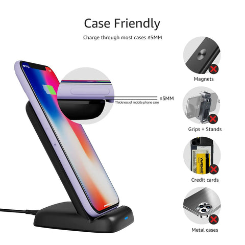 Black 10W Qi Wireless Charging Stand with smartphone, vertical view, case-friendly, USB cable attached