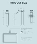 Diagram of Matte Black Waterfall Bathroom Vessel Sink Faucet With Pop Up Drain showing dimensions and installation details.