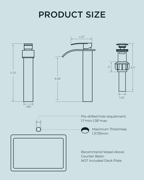 Diagram of Matte Black Waterfall Bathroom Vessel Sink Faucet With Pop Up Drain showing dimensions and installation details.