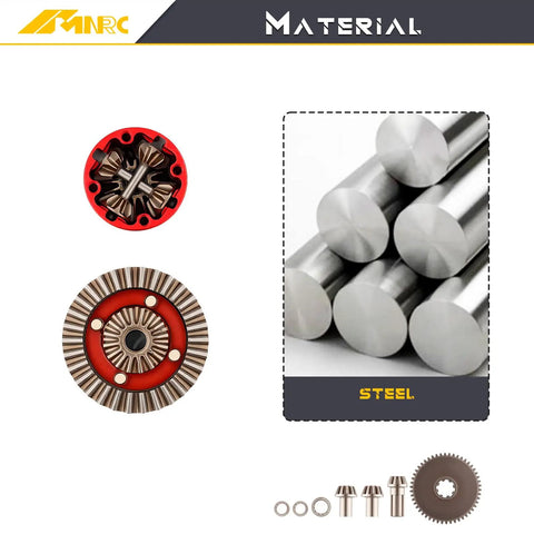 Beefed Up Alloy Front And Rear Differential And Spur Input Gear Kit for HyperGO 1/16 And 1/14 RC Cars showing materials and components