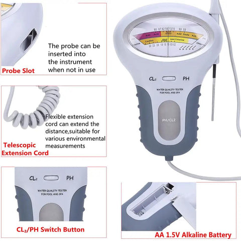 2 In 1 Water Tester For Pools And Spas Handheld CL2 Level Meter with probe, extension cord, and AA battery compartment