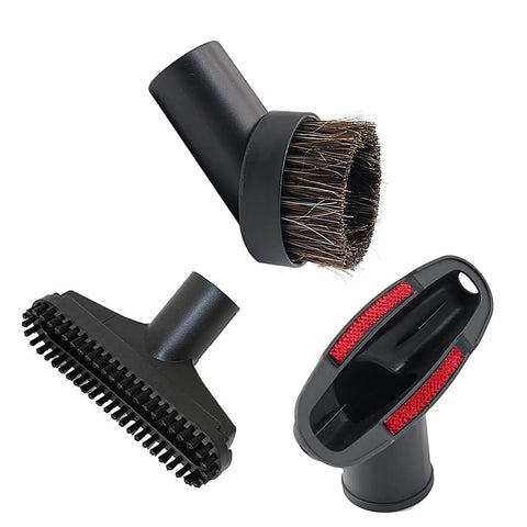 8 Piece Vacuum Attachment Kit With 32mm One And Quarter Inch Standard Hose Universal Connector, horsehair brush, upholstery tool, and crevice nozzle shown.