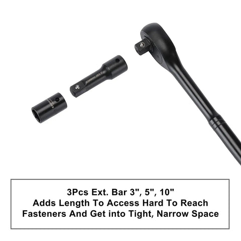 One Half Inch Drive Impact Socket Master Set with Seventy Pieces includes ratchet handle with extension bars and adapters, black finish.