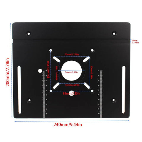 Premium Ironclad Aluminum Router Table Insert Plate, Heavy Duty Flip Top Workbench Platform, dimensions shown.