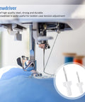 Close-up of sewing machine with inset image of two white-handled screwdrivers from All In One Sewing Machine Cleaning Kit