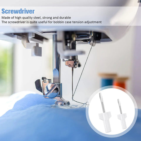 Close-up of sewing machine with inset image of two white-handled screwdrivers from All In One Sewing Machine Cleaning Kit