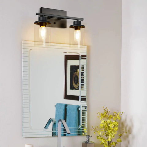 Matte Black Two Light Vanity Light Fixtures With Clear Glass Shades Over Mirror Wall Sconces For Bathroom Modern Farmhouse Style