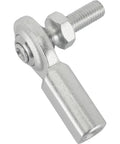 Heavy Duty Steel Right Hand Female Heim Joint Rod End With Stud, Zinc Plated Two Piece Construction For 1/4 Inch 1/4-28 Threads, close-up view of rod end with stud.