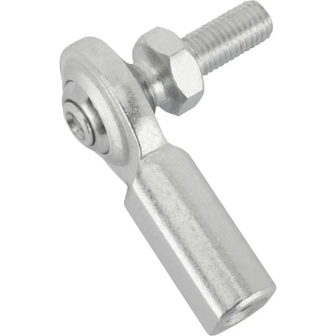 Heavy Duty Steel Right Hand Female Heim Joint Rod End With Stud, Zinc Plated Two Piece Construction For 1/4 Inch 1/4-28 Threads, close-up view of rod end with stud.