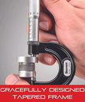 Workhorse Digital Micrometer With One-Piece Spindle And Tapered Frame For Tight Slots, Satin Chrome Finish, in use