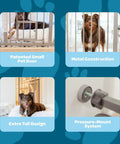 Extra Tall Walk-Through Pet Gate With Small Pet Door Expands From 29 To 36.5 Inches Wide Stands 36 Inches High Includes 4 Inch Extension Kit Pressure Mount Kit And Wall Mount Kit Easy No Tool Setup For Stairs And Openings, showing metal construction and pressure-mount system.