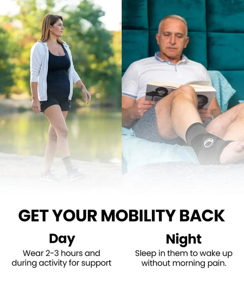 Woman walking and man reading wearing Plantar Fasciitis Relief Ankle Compression Sleeve For Women And Men All Day Comfy Pain Relief.