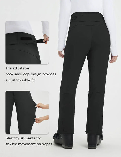 Back view of Waterproof Softshell Winter Ski Pants For Women, Fleece Lined Insulated Snow Pants For Snowboarding And Hiking, Windproof And Pockets, Durable Black XS, showing adjustable hook-and-loop, stretchy material for fit.