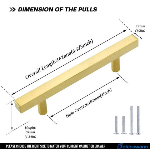 Brushed Brass Cabinet Pulls Set Of 10 4 Inch T Bar Drawer Handles shown with dimensions and screws included