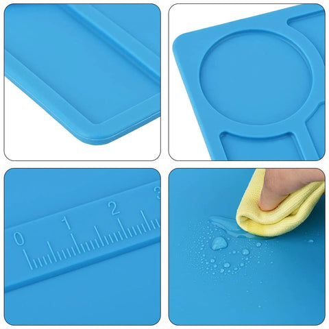Close-up of blue Soldering Mat Silicone Repair Mat Non Slip Heat Resistant To 932 Fahrenheit For Electronics Repair with ruler.