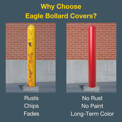 Heavy Duty Bollard Covers For Six Inch Poles With Kickass HDPE Build That Shields Posts From Scuffs While Killing Repaint Tasks And Keeping Your Yard Fresh Without Extra Hustle Or Complicated Cleanups, showing before and after condition.