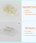 Comparison of upgraded L-shaped connector versus old version in 8mm 2 Pin COB LED Connector Kit With 12 Gapless L Shaped Corner Connectors Solderless Extensions For 5V 9V 12V 24V COB LED Strip Lights Must Have For DIY Lighting Projects.
