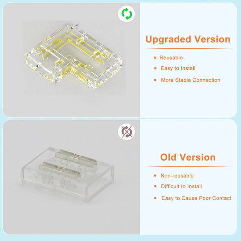 Comparison of upgraded L-shaped connector versus old version in 8mm 2 Pin COB LED Connector Kit With 12 Gapless L Shaped Corner Connectors Solderless Extensions For 5V 9V 12V 24V COB LED Strip Lights Must Have For DIY Lighting Projects.